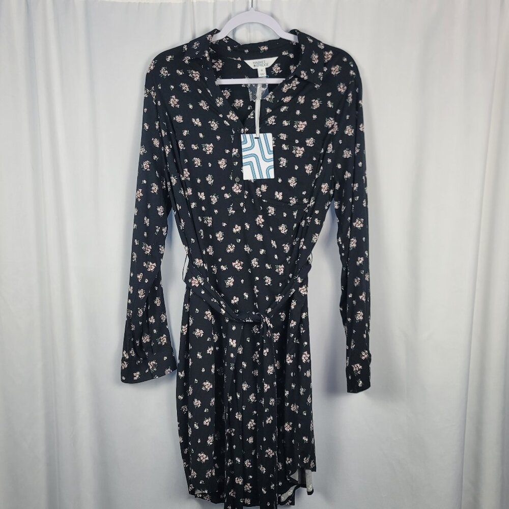 Market & Spruce Long Sleeve Shirt Dress Women's Size 1X Black & Pink Floral NEW